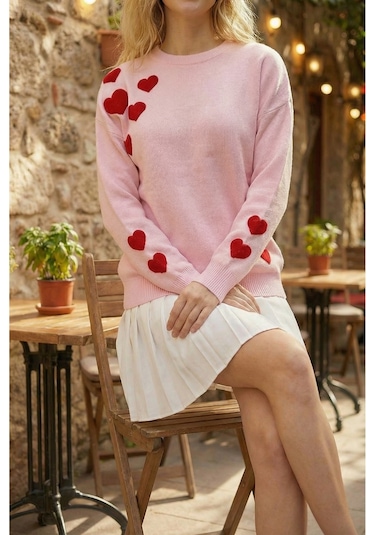 Sayzen Your Shine Kalp Nakışlı Basic Kadın Kazak Tyc78b078cf67382cd7ae1700 Pembe