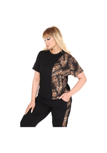 Melsay Butik Siyah Kısa Kol Yarım Başak Garnili Viskon Kapri Takım Siyah