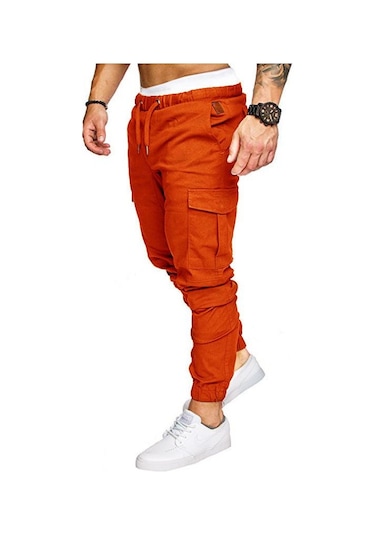 Erkek İlkbahar Ve Sonbahar Uzun Pantolon Moda Günlük İpli Elastik Pantolon Düz Renk Cepli Pantolon Beyaz