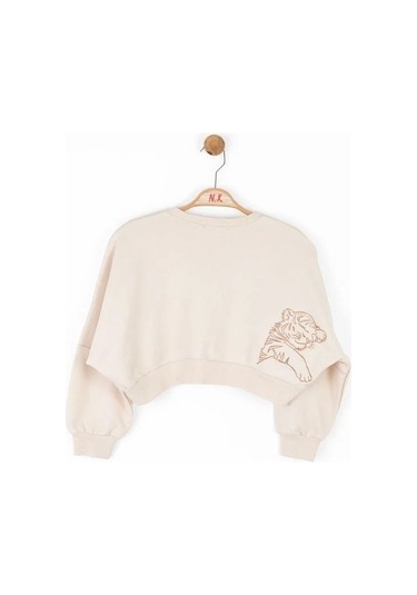 Kız Çocuk Pamuklu Orta Kalınlık Crop Sweatshirt-14713 KREM