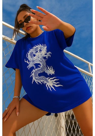 Ejderha Baskılı Oversize T-shirt Saks Mavisi