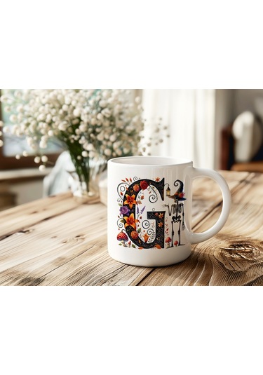 G Harfi Şapkalı İskelet Figürlü Ve Çiçekli Kupa Bardak - Cadılar Bayramı / Halloween Özel Hediye Beyaz