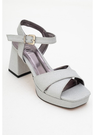 Lisbon Gümüş Simli Çapraz Bantlı Kadın Platform Topuklu Ayakkabı Gümüş
