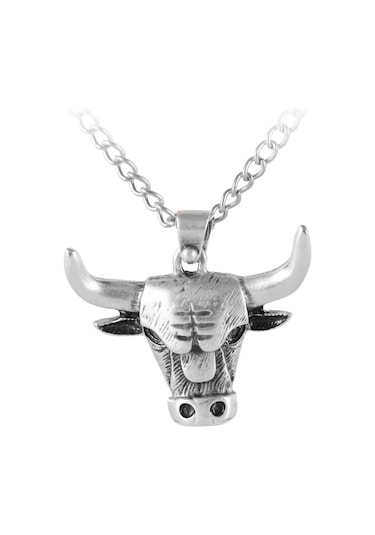 Erkek Antik Gümüş Kaplama Boğa Simge Uçlu Kolye Gümüş