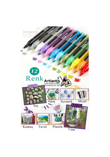 12 Renk Akrilik Markör Keçeli Kalem 1 Adet 12 Li Acrylic Marker Taş Cam Metal Seramik Plastik Tuval Ahşap 0.7-1 Cm