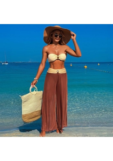 2 Adet/takım Kadın Mayo Seti Bandeau Dolgulu Telsiz Sütyen Yüksek Bel Yüzme Mavi