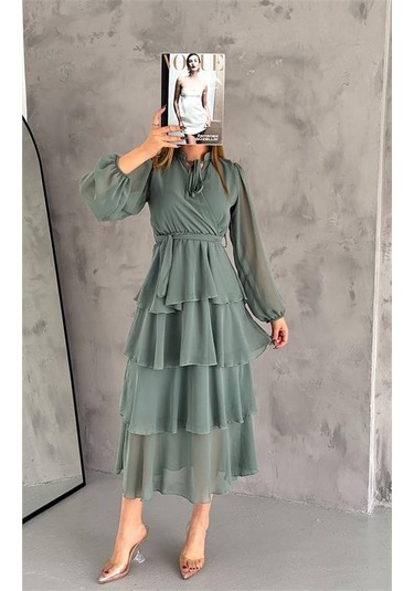 Neşeli Butik Kadın Astarlı Eteği Kat Kat Şifon Elbise Nbkklf2041 Mint