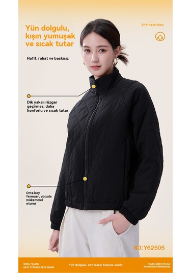 Kadın Retro Günlük Beyzbol Ceketi Sıcak Elmas Desenli Pamuklu Mont Siyah