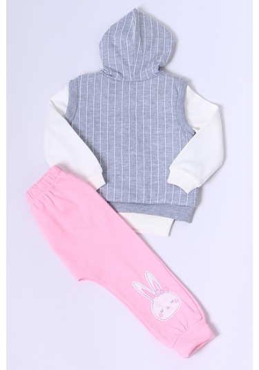 Kız Bebek Yelekli Takım Kapşonlu Çıtçıtlı Tavşan Baskılı A15 Pembe