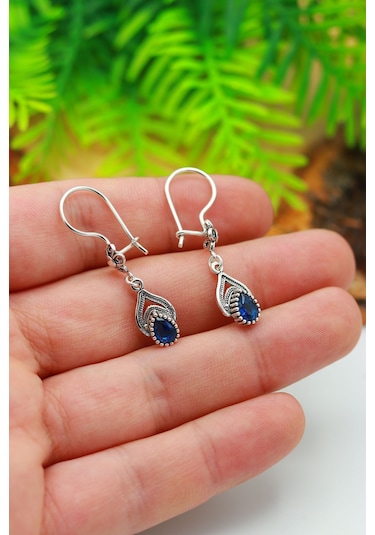 Safir Taşlı Damla Model Oksitli Telkari Gümüş Küpe 201020482