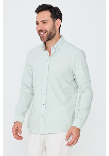 White Stone Açık Yeşil İnce Çizgili Dynamic Fit Uzun Kollu Erkek Gömlek