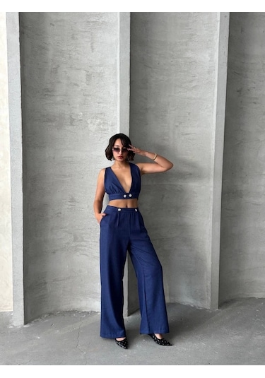 By Mop Crop Pantolon Keten Takım S255012 Lacivert