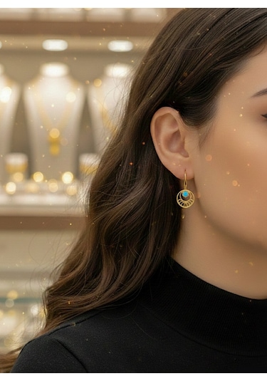 Gümüş Mavi Taşlı Telkari Yeni Küpe Sarı