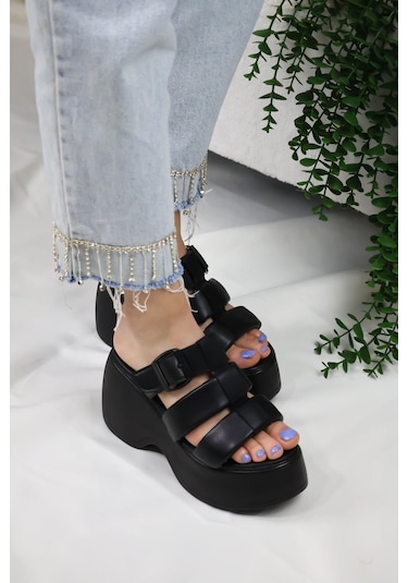 Asmi Shoes Kadın Mikeno Üç Biyeli Toka Detaylı Kalın Taban Ortopedik Terlik Siyah Siyah