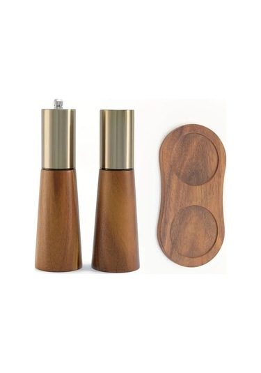 Besthome1 Altın Renk Ahşap Tabanlı Manuel Tuz Ve Karabiber Değirmeni Paslanmaz Çelik Mutfak Aksesuarı Altın Altın