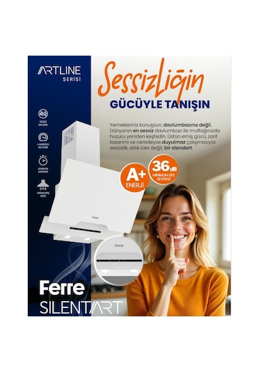 Ferre D064-SA SILENTART Beyaz Yatık Cam Davlumbaz