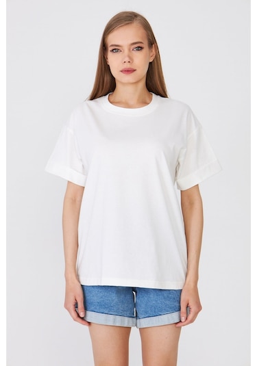 Hdm Kadın Ekru Basic Oversize %100 Pamuklu Rahat Kesim Günlük Tişört - H6041