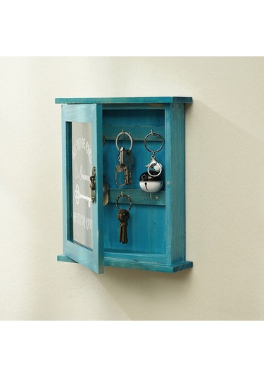 Reedark Gömlek Ahşap Anahtar Saklama Kutusu - Kuzey Avrupa Stili, Cam Kapaklı, Duvar Tipi Organizer Mavi, Çivi Hariç