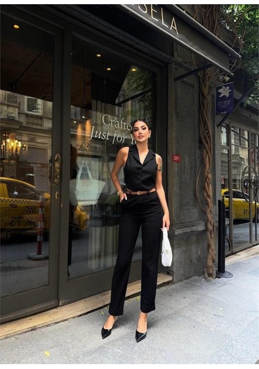 Modasize Keten Duble Paça Deri Taba Kemerli Pantolon - Siyah Siyah