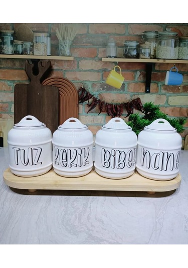 4 Adet Seramik 400 Ml Tuz/kekik/biber/nane Kavanoz Seti Baharatlık Seti