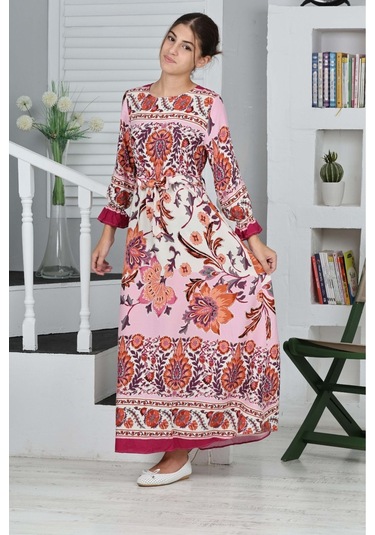 Kız Çocuk Viskon Kumaş Desenli Uzun Elbise Fuşya