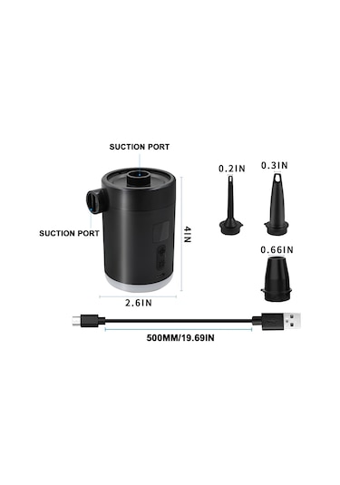 Xindoker Dışarıda Kullanım Portatif Elektrikli Hava Pompa, Led Işık Ve Pil Göstergesi, 3 Işık Modu, 3 Fişli, Siyah Dahili Li-pil