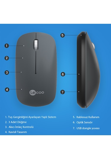 Lecoo WS214 Kablosuz 1200DPI 3 Tuşlu Optik Mouse