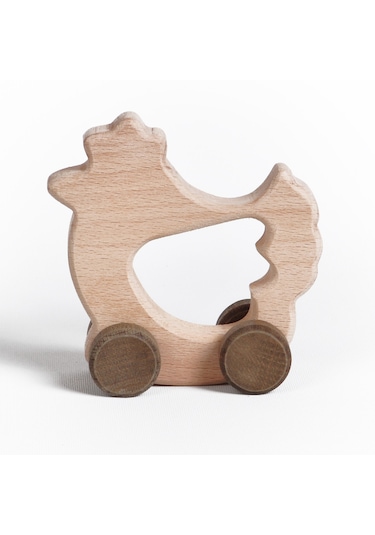 Ahşap El Yapımı Doğal Montessori Tavuk Tekerlekli Oyuncak