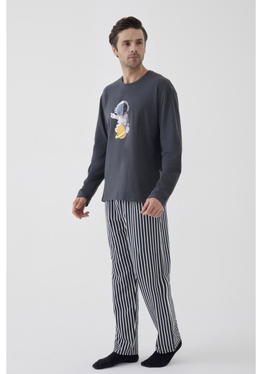 Erkek Pamuklu Uzun Kollu Üst Astronot Baskılı Alt Çizgili Pijama Takımı Ke30106 Gri - Beyaz
