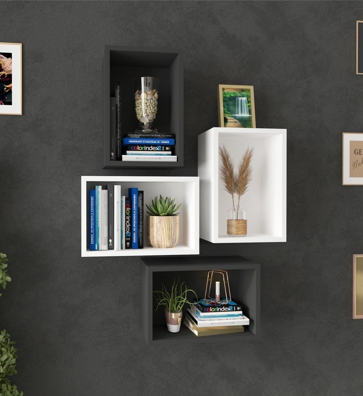 Kitaplık Dikdörtgen Duvar Rafı Arkalıklı Mobilya Takım Beyaz Antrasit Beyaz Antrasit