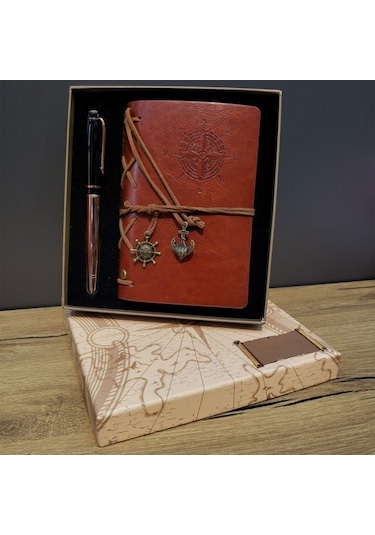 Kişiye Özel Deri Pusula Tasarımlı Defter Ve Metal Kalem Seti