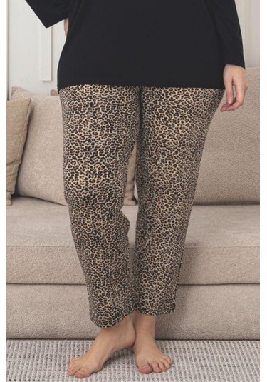 X-dreamy Büyük Beden Viskon Desenli Uzun Kollu Pijama Takımı Leopar