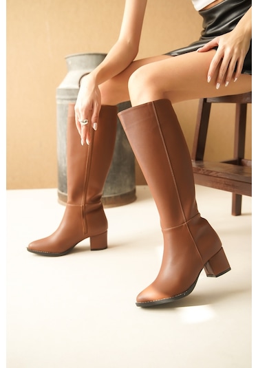 Morena Taba Deri Topuklu 5 Cm Topuklu Yanı Fermuarlı Günlük Kullanım Çizme Taba Deri