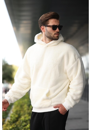 Ekru Peluş Kapüşonlu Erkek Sweatshirt 6050 Ekru