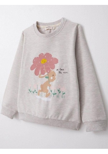 Kız Çocuk Çiçek Desenli Pamuklu Eşofman Takım-14584 Gri