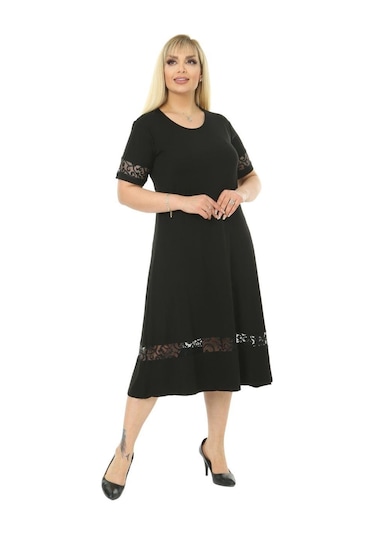 Melsay Butik Dantel Detaylı Kadın Büyük Beden Midi Elbise Siyah