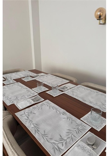 Nazlım Keten Nakışlı Amerikan Servis Takımı 19 Parça Silver Gümüş