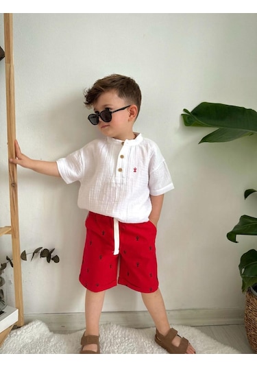 Minaz Baby Gömlek Kırmızı Şort Takım Beyaz - Kırmızı