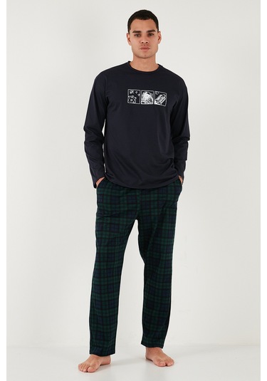 Buratti Ekoseli Pamuklu Regular Fit Yüksek Bel Bisiklet Yaka Erkek Pijama Takımı 6574000 Lacivert