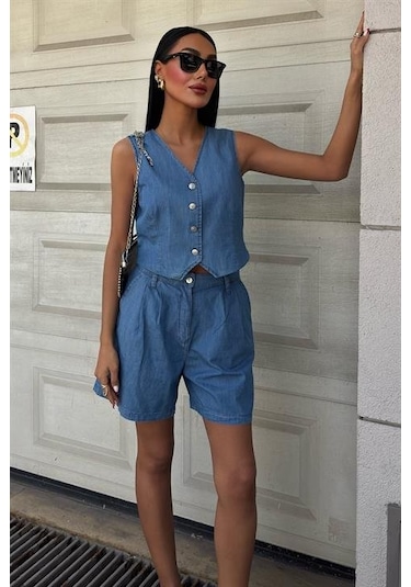 Moderie Butik Gümüş Düğmeli Yelek Ve Şort Tensel Takım 10174 Açik Mavi