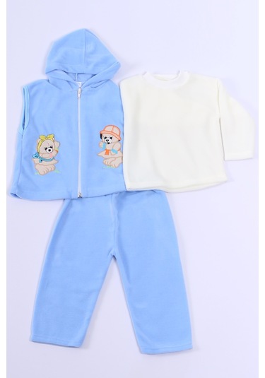 Bebek Polar 3lü Takım Kapşonlu Fermuarlı Nakışlı C23 mavi