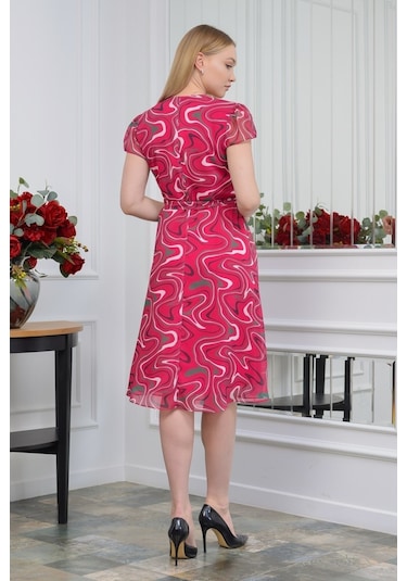Kadın Desenli Kruvaze Yaka Midi Şifon Elbise 4445/110 001