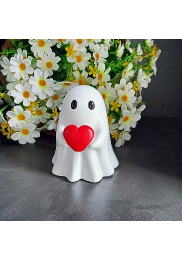 Reedark Halloween Gizemli Kırmızı Kalp Taşıyan Beyaz Hayalet Heykeli - Ev Dekoru, Masaüstü Ve Hediye Özel 9cm Yükseklik