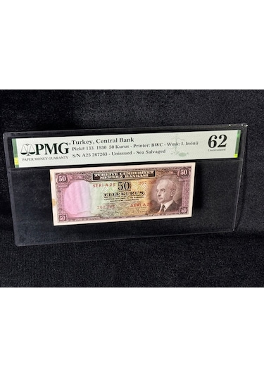 Pmg 62 Unc Çil İnönü Batan Gemi 50 Kuruş P 133 1930 S/n A25 267263 2. Ems