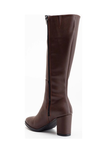 Beyaz Reyna Topuklu Fermuarlı Kadın Çizme Kahve Kahve