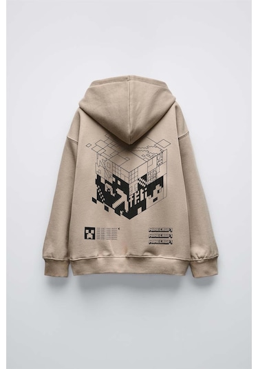 Erkek Çocuk Mınecraft Modelli Pamuk Kapşonlu Sweat Bej