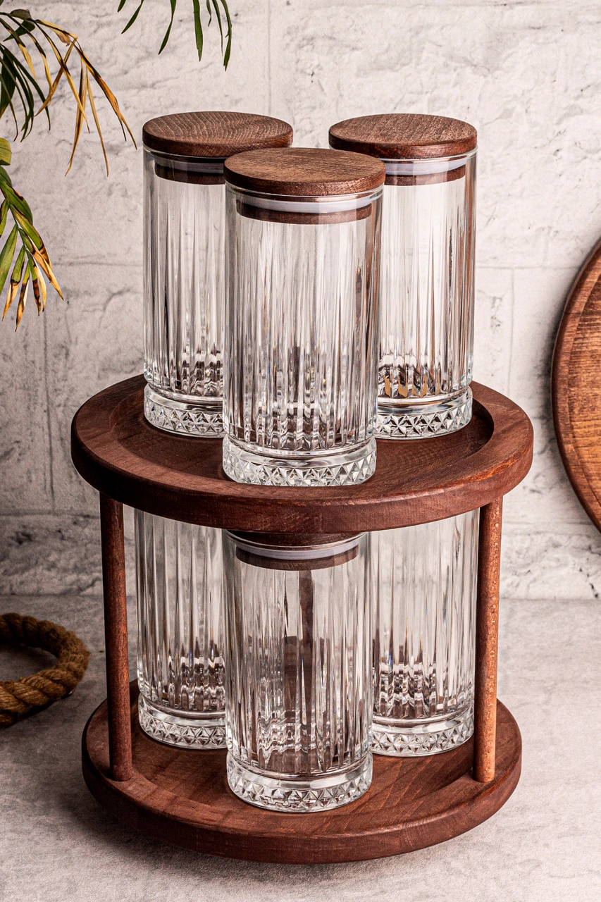 Tomira - 7 Parça Ahşap Döner Standlı Vakumlu Kapaklı Cam Saklama Kabı Baharatlık Seti 450 Ml Ahşap