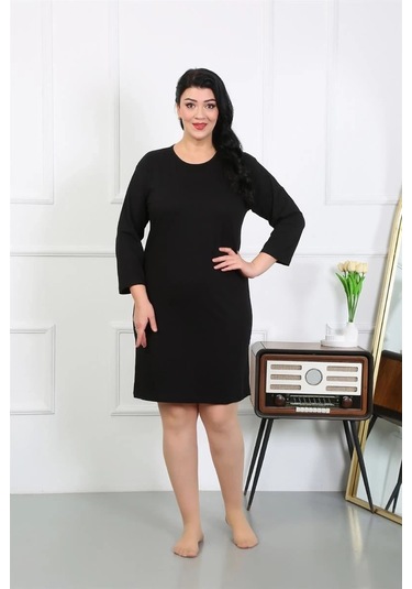 Giyim Kadın Büyük Beden Penye Gecelik Ev Elbisesi Siyah Siyah