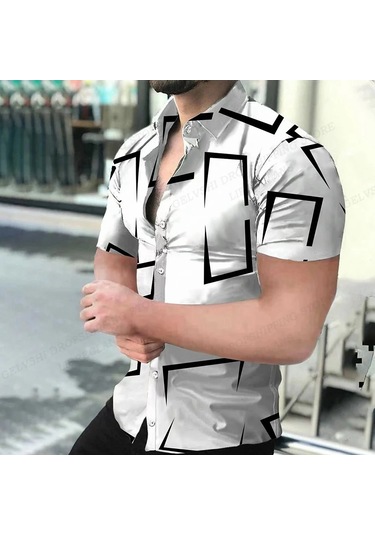 Snapbuy Erkek Geometrik 3d Baskılı Plaj Gömleği Kısa Kollu Hawaii Stil Küba Camisamavi Mavi