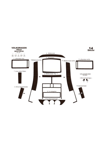 Volkswagen Polo Piano Black Kaplama 2001-2005 14 Parça-koyu Meşe Seçenekler